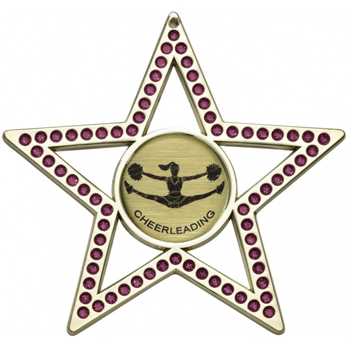 PINK STAR CHEERLEADER MEDAL - 75MM GOLD, SILVER, BRONZE 